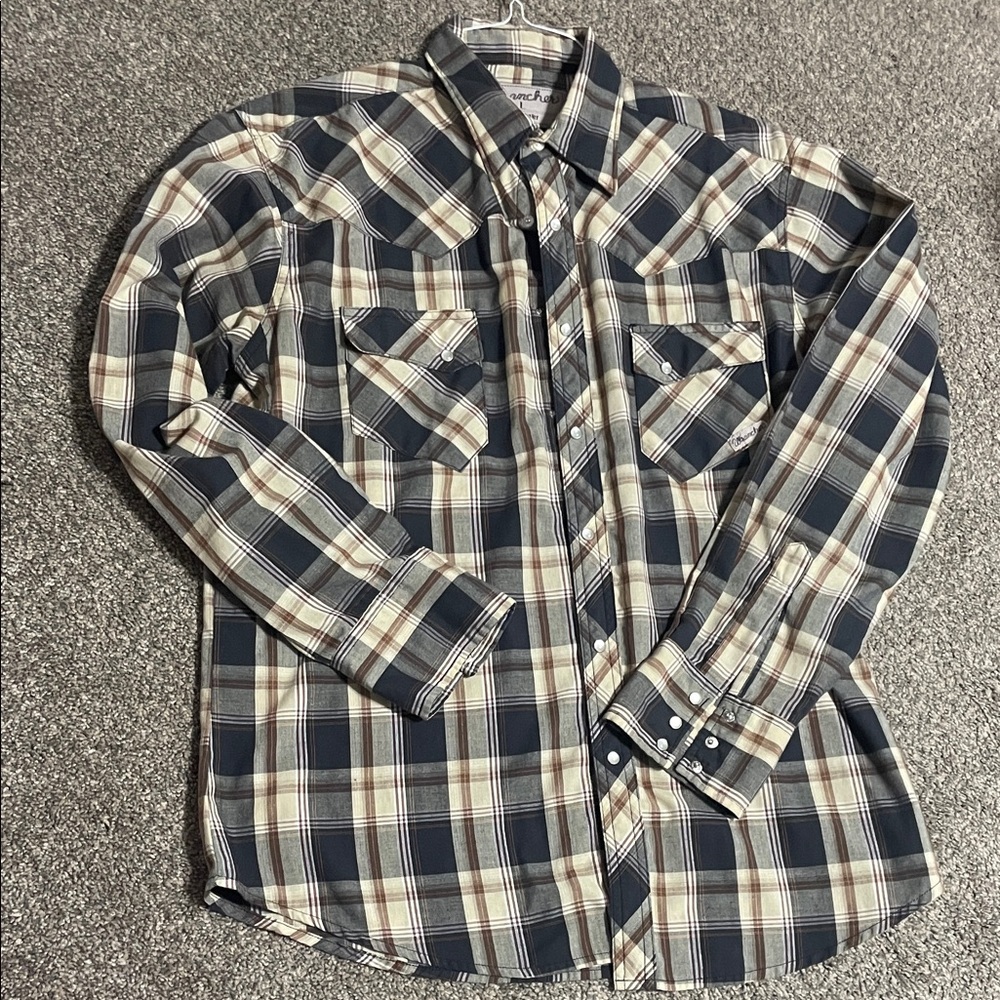 Wrangler Navy and Cream Plaid Button Down Shirt